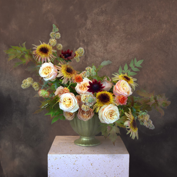 Elegant bouquet with classic blooms, inspired by Renaissance art, suited for formal events and home decor.