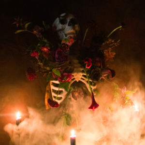 Bold dark-hued Halloween flower display with a gothic flair, perfect for themed parties or decor.