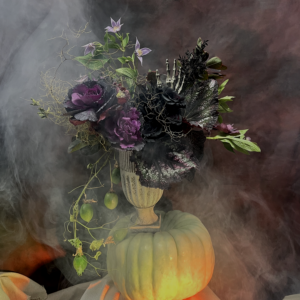 Edgy bouquet with thorny accents and dark blooms, great for gothic Halloween decor and Los Angeles events.