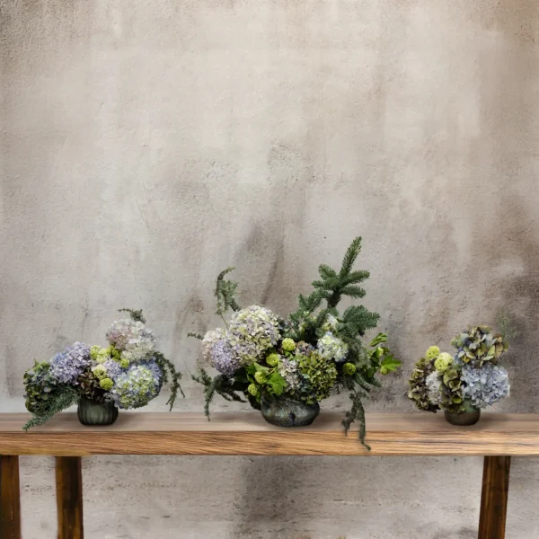 Wintertide Embrace Trio featuring three elegant floral arrangements with antique hydrangeas in soft greens and blues, vibrant viburnum, and lush evergreen branches, showcasing serene winter beauty in ribbed ceramic vases